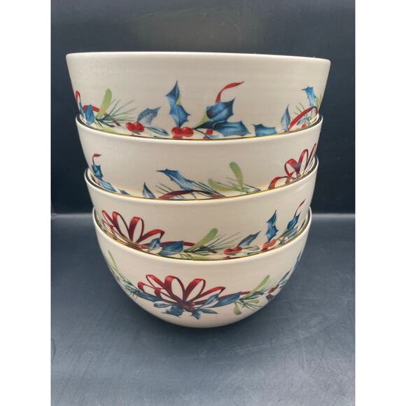 Lenox Winter Greetings Soup Salad Dessert Dip Bowls (4) 5" Gold Rim Bone China - Picture 1 of 11